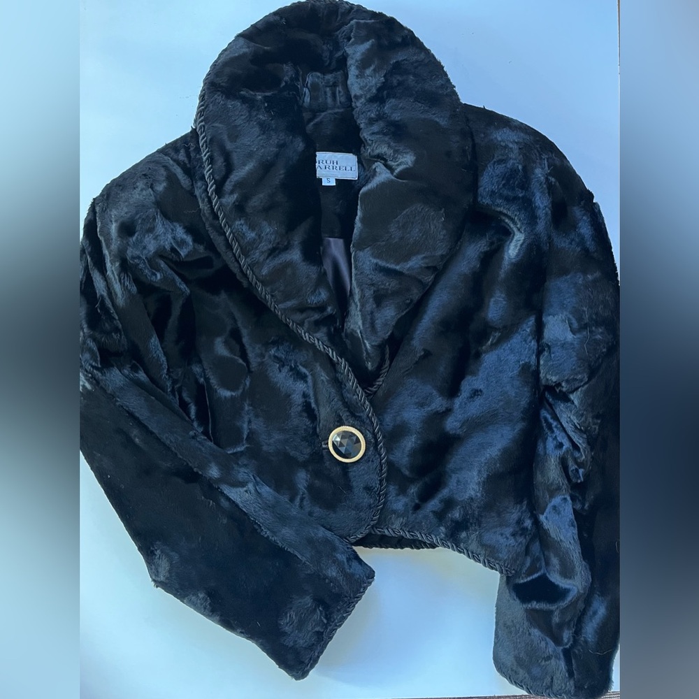 90s black faux lamb cropped jacket w shawl collar braid trim. Never worn. Sz S